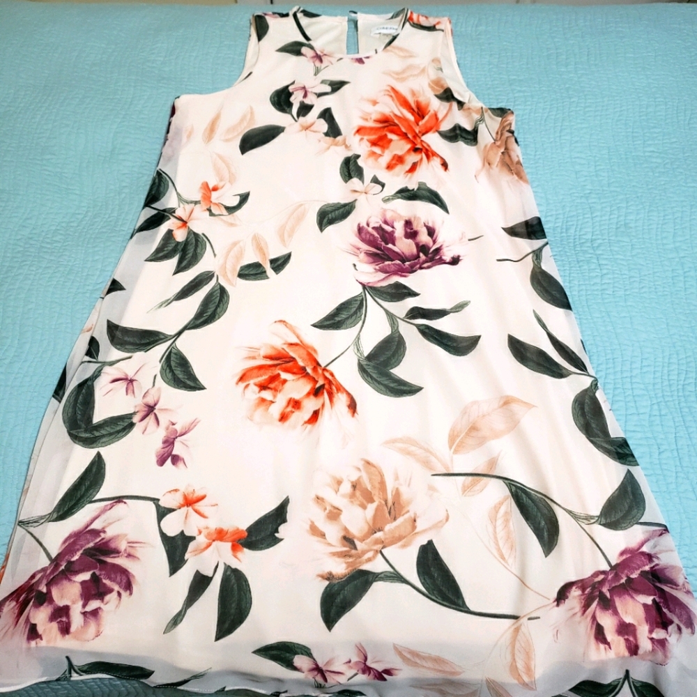 LIKE NEW Calvin Klein Elegant Floral Print Chiffon Trapeze Dress